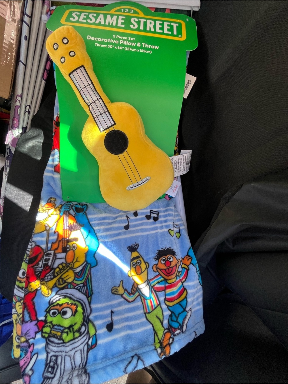 Sesame Street Yellow Guitar Pillow with Blue Throw NEW NWT